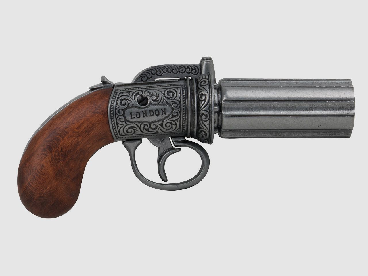 Deko Vorderlader BĂĽndelrevolver Pepperbox England 1840 6-lĂ¤ufig LĂ¤nge ca. 22,5 cm silbergrau verziert
