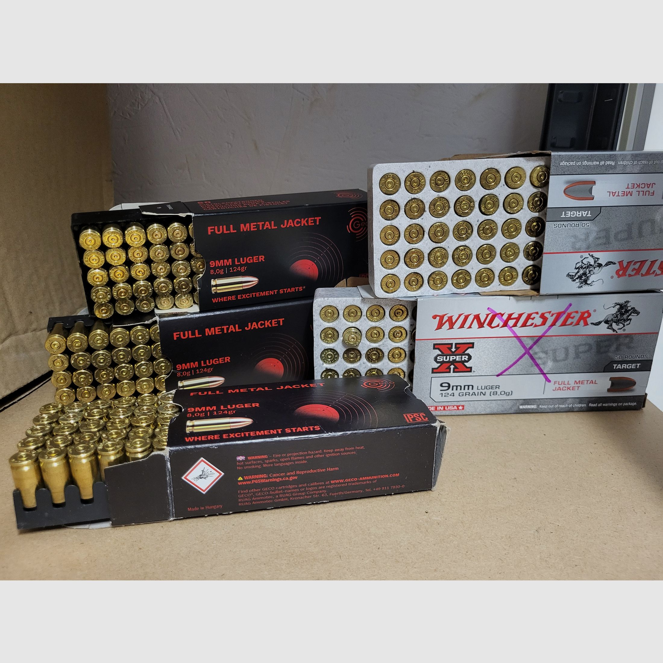 250 Hülsen Geco & Winchester 9 mm Luger Leer Hülsen zum Wiederladen 