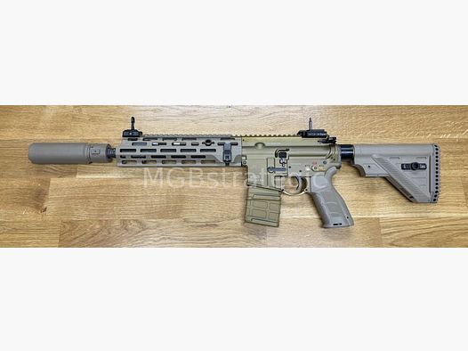 Heckler & Koch MR223 A3 Slim-Line 11" Canon - carabine semi-automatique .223Rem modèle spécial MGBs Édition FDE incluant le silencieux ASE UTRA Dual 556-Short-QM2 Gen2 Cerakote FDE - version civile HK416 / G95K / G38 G95A1 / G95KA1 / avec améliorations
