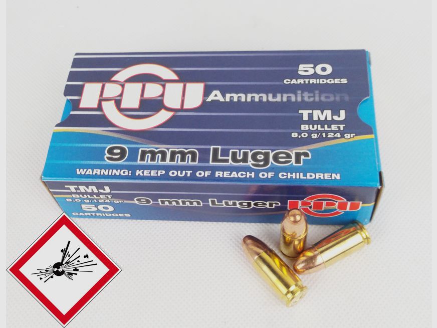 PPU cartuccia per pistola 9mm Luger 124grs VM - proiettile TMJ incapsulato