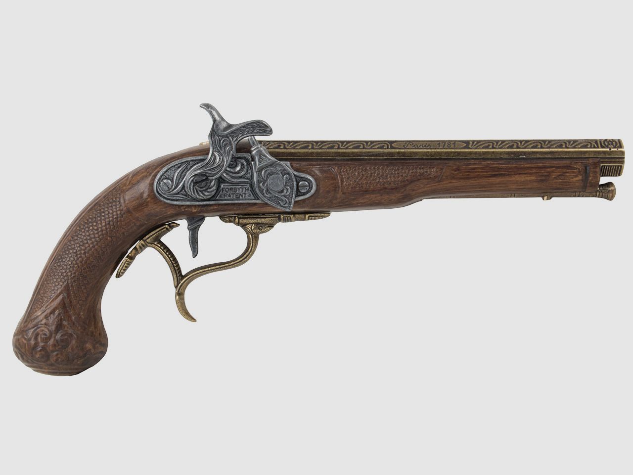 Deko Perkussionspistole Kolser LĂ¤nge 30 cm messing altgrau Griffschalen in Holzoptik messing