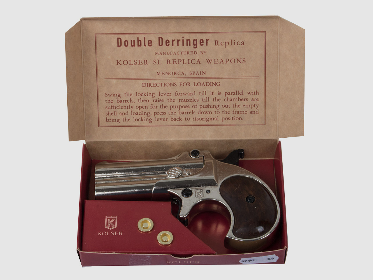 B-Ware Deko Pistole Kolser Derringer 95 USA 1866 Kaliber .41 vernickelt Griffschalen in Holzoptik