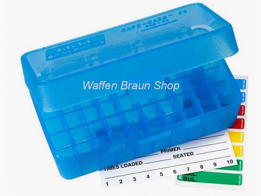 MTM Klappdeckelbox .41/.44Mag Blau für 50 Patronen aus hochwertigem Kunststoff sehr stabil mit Schna