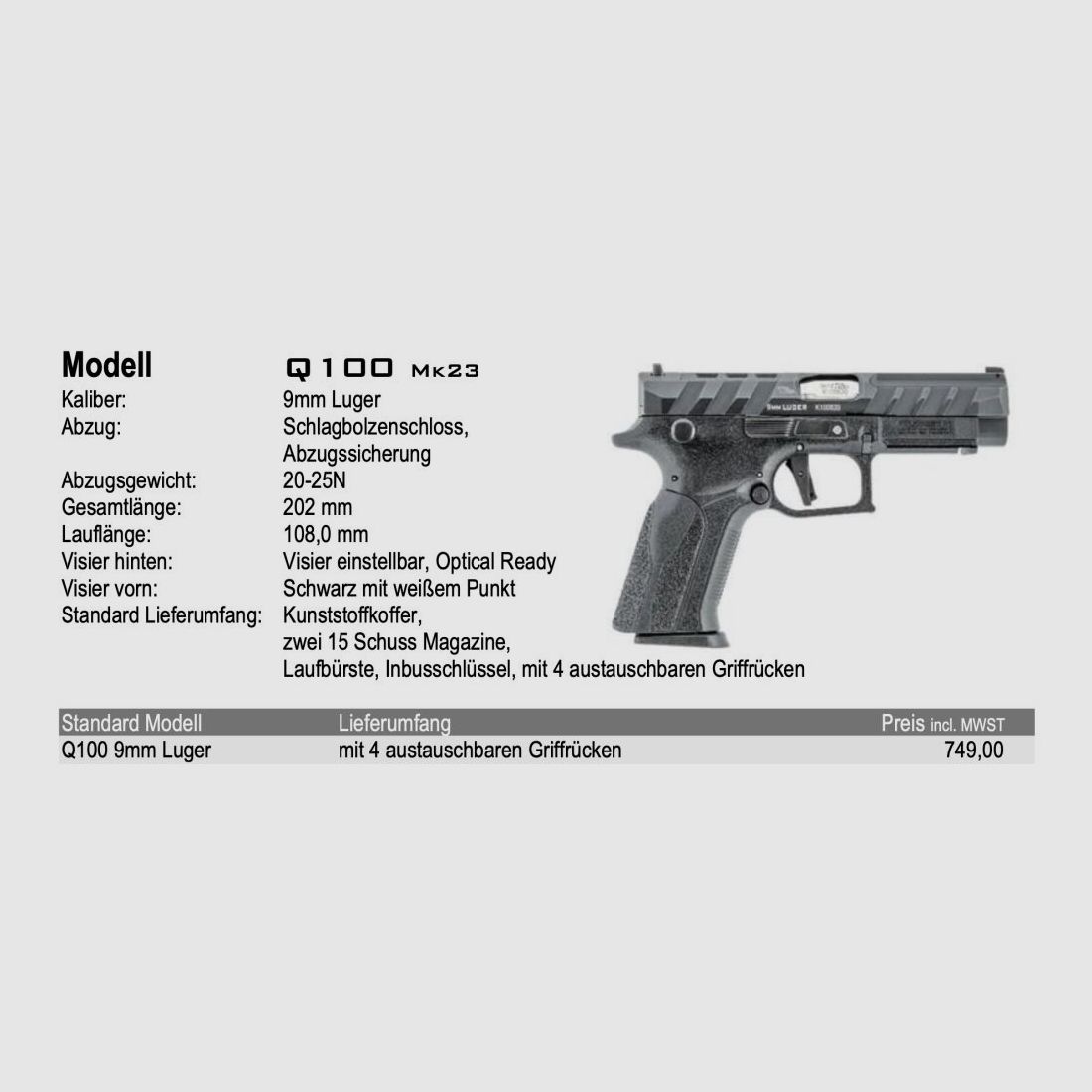 Grand Power Q100 MK23 NEU auf Lager, Drehlaufverschluss!! 9mmLuger inkl. MOS / OR
