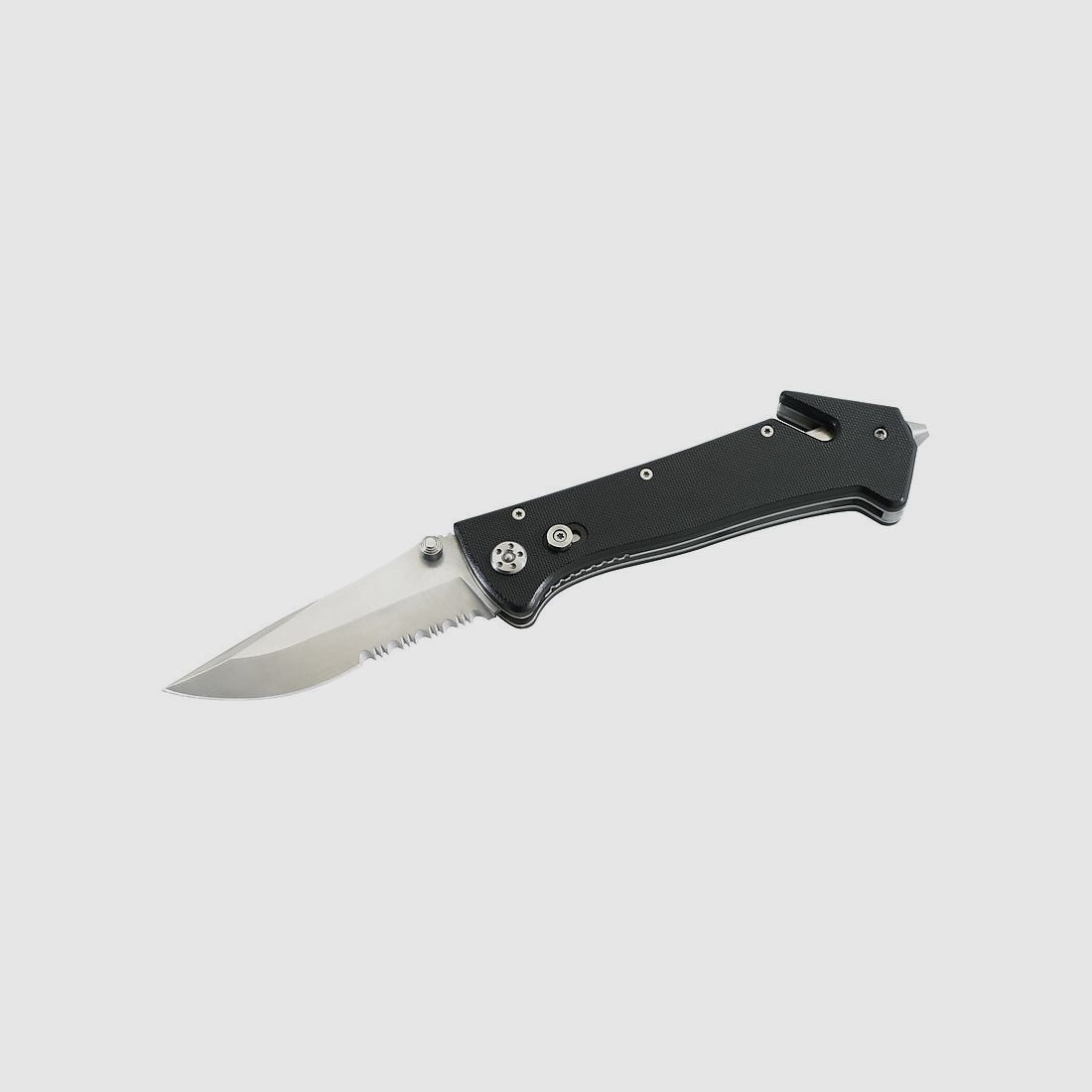 Cuchillo de rescate, cortador de cinturones, rompevidrios, clip, estuche de nailon