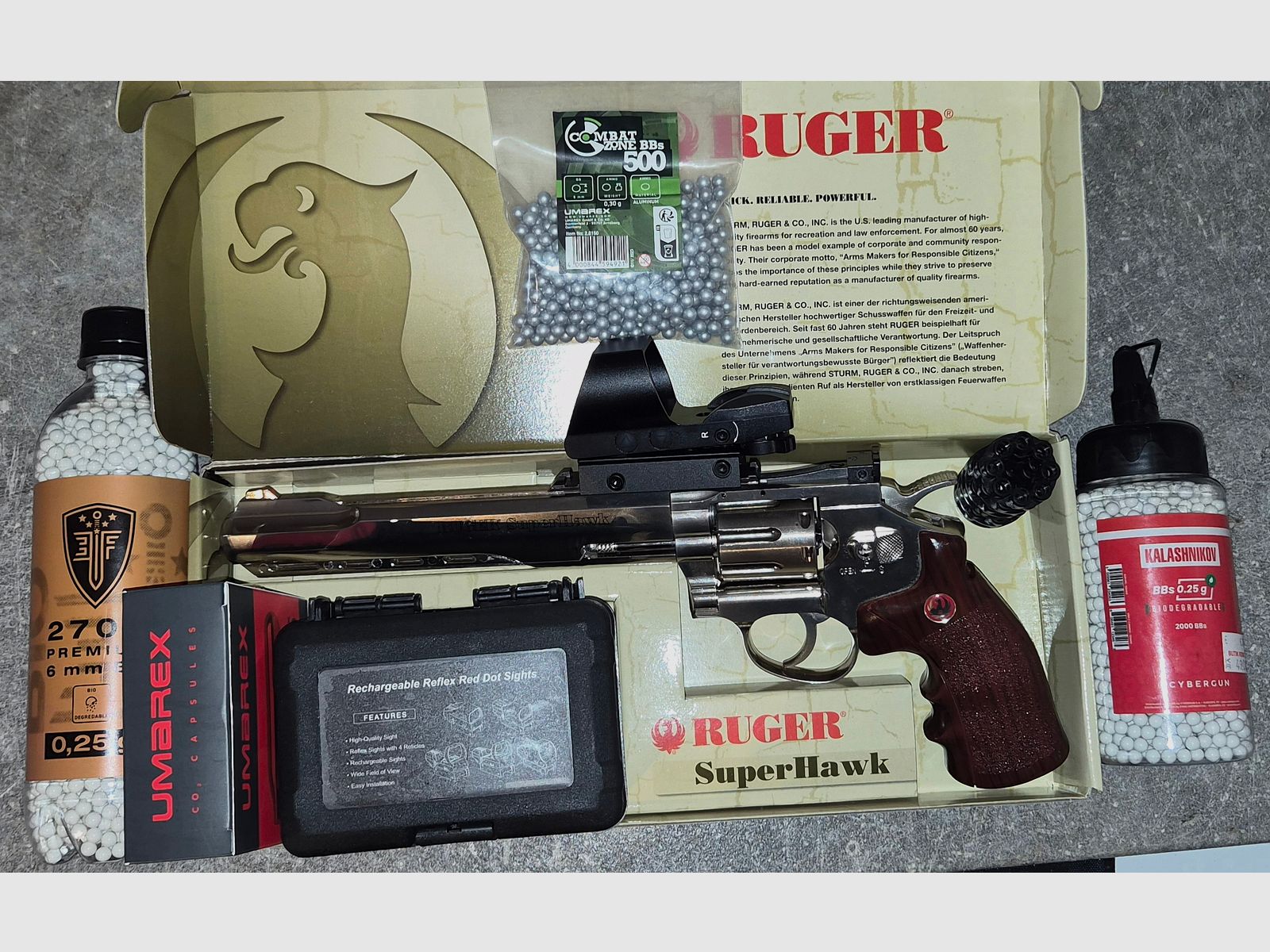 Ruger SuperHawk 8" 6 mm, CO₂, < 4,0 J, Chrome-Finish inkl. Red Dot Visier und Zubehör