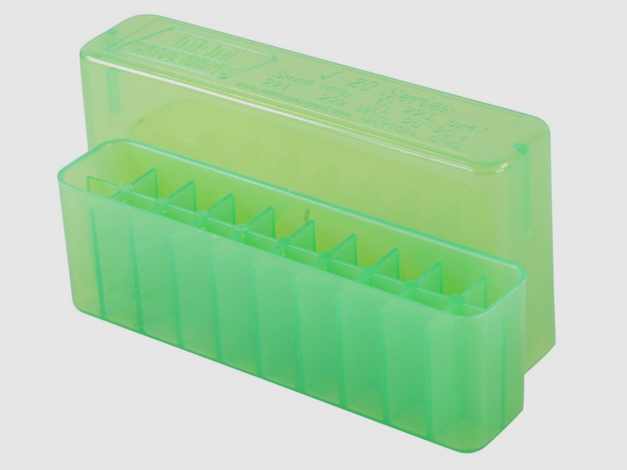 MTM scatola per cartucce J-20-XS-16 verde trasparente con coperchio per 20 cartucce .17 e inferiori.