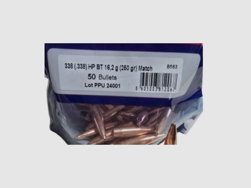 50 pieces PPU bullets .338 / 8.5 mm 250 Grain #B-583 | HPBT Prvi Partizan hollow point BT Match Line