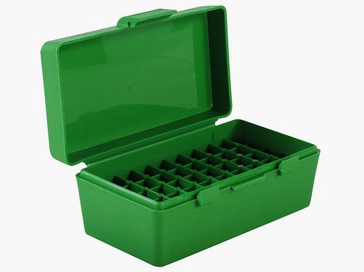 MTM scatola per cartucce P50-38-10 verde con coperchio a ribalta per 50 cartucce .38 Spec. e altre.