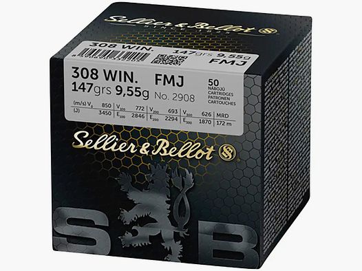 Sellier & Bellot	 Munition Sellier & Bellot 308win. Vollmantel 147grains 50x Patronen im Karton (114463-65)