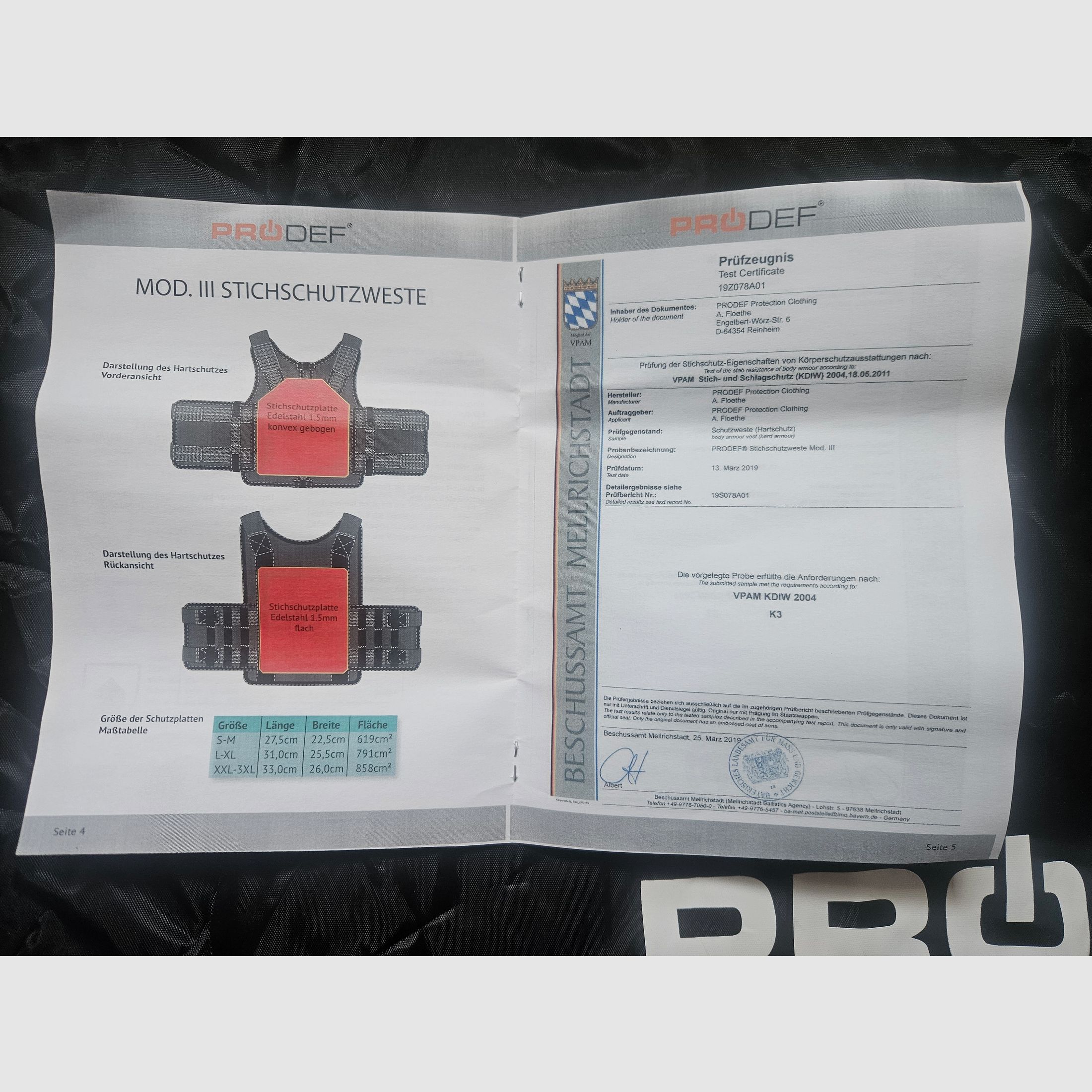 Certyfikowana kamizelka ochronna PRODEF® Mod. III, ochrona przed kłuciami, kopnięciami i cięciami