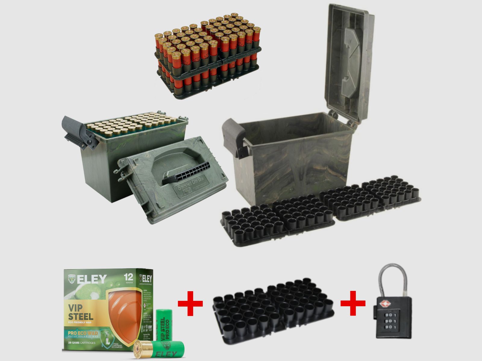 MTM Schrotpatronenbox SD-100-12-09 wild camo inkl. 150 Schuss ELEY VIP Pro-ECO Steel .12/70 24G #7