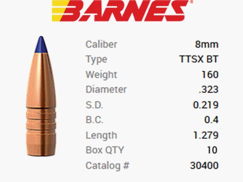 TESTPACK - Barnes Geschoss 8mm/.323 160GR Tipped TSX BT 10 Stück