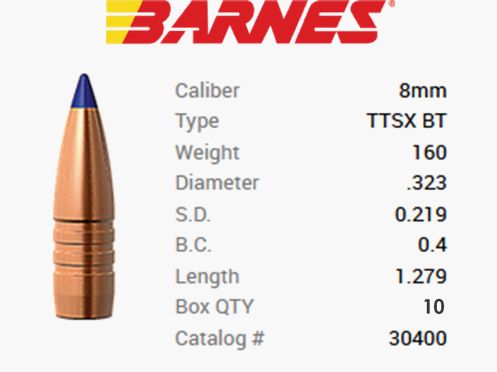 TESTPACK - Balle Barnes 8mm/.323 160GR Tipped TSX BT 10 pièces