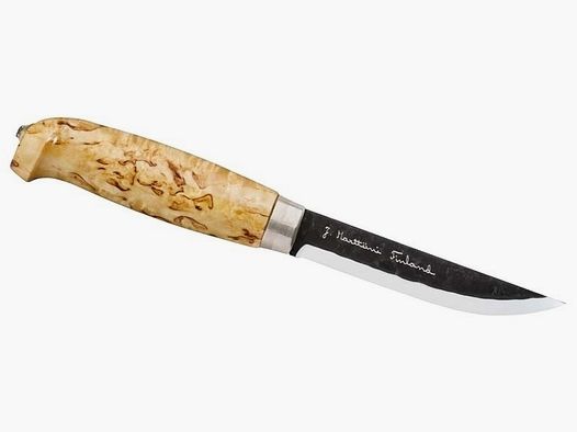 Marttiini Gürtelmesser Lynx, Carbonstahl, klarlackierte Maserbirke, Naturlederscheide mit Schlaufe