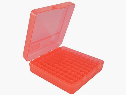 Boîte à cartouches MTM P-100-9-29 rouge transparente avec couvercle rabattable pour 100 cartouches 9mm et autres.