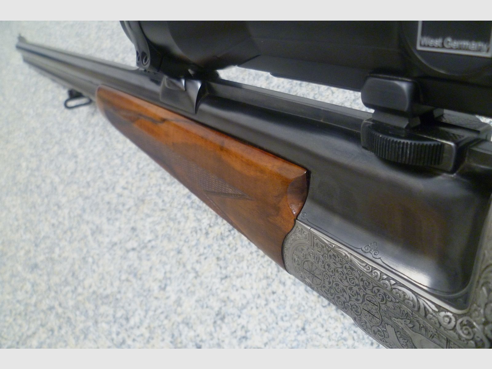 Seitenschloss - Bockdrilling Ludwig Borovnik Ferlach 16/70 & 7x65R & .22 Hornet