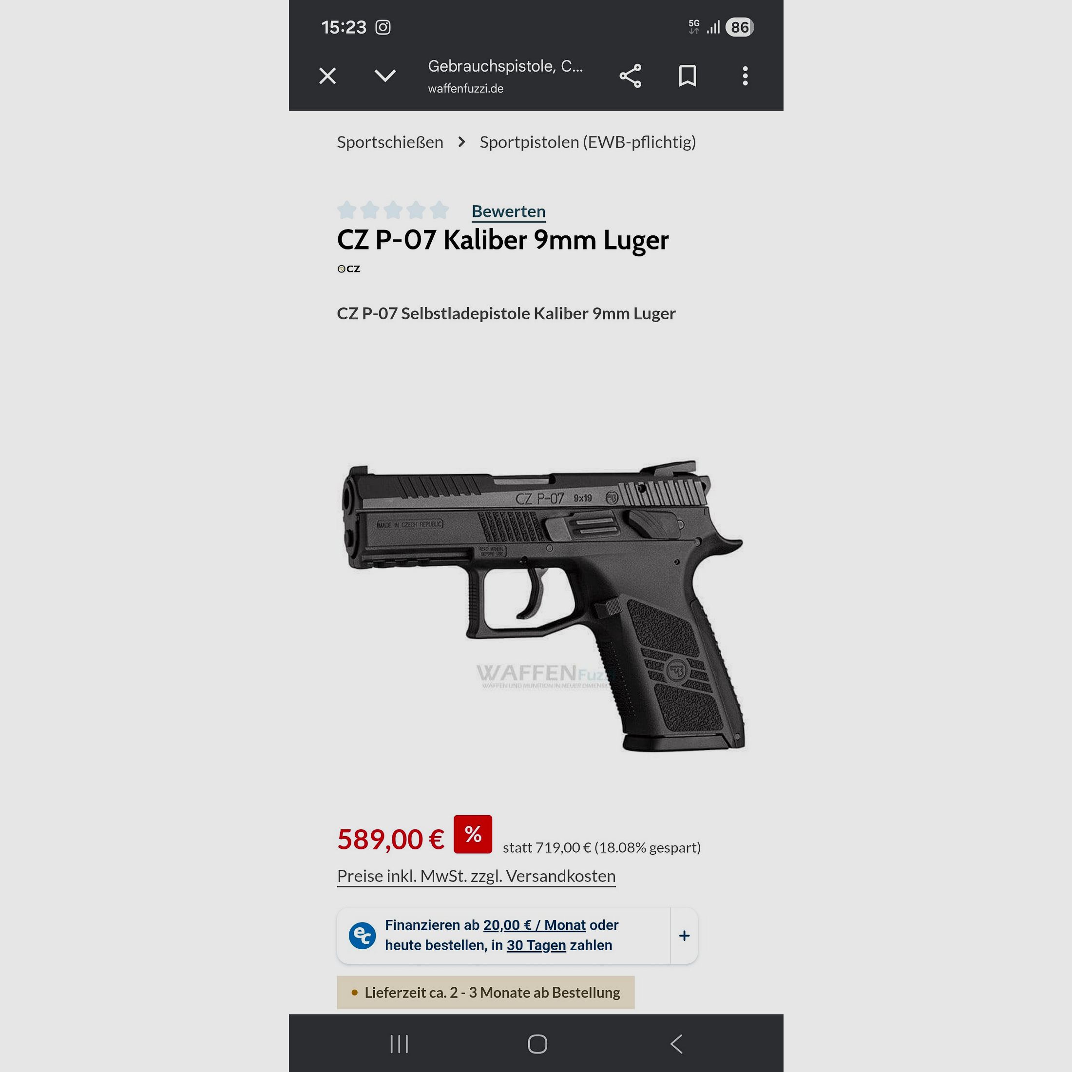 CZ P07 9mmx19 quasi neuf incluant un holster