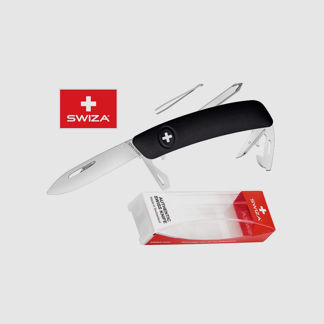 SWIZA Schweizer Messer D04, schwarz, Edelstahl 440, 11 Funktionen, Kreuzschlitzdreher, Multi-Tool