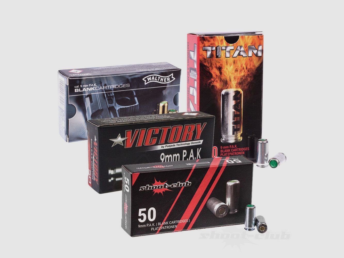 Divers cartouches à blanc 9mm P.A.K. : Umarex, Victory, Perfecta