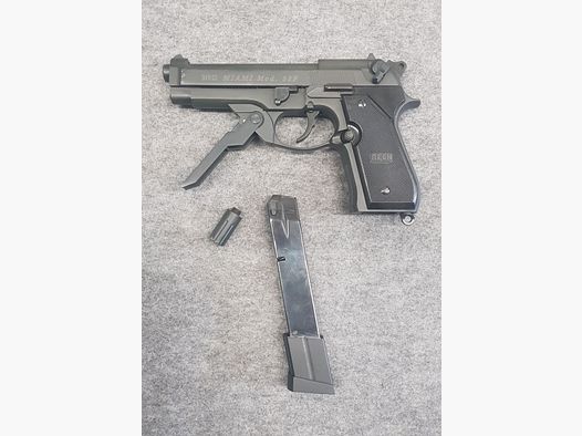 Sehr seltene SRS Schreckschuss Pistole  Reck Miami Mod. 93F 9mm PAK PTB 908 mit Frontgriff und langes Magazin 93 92 F