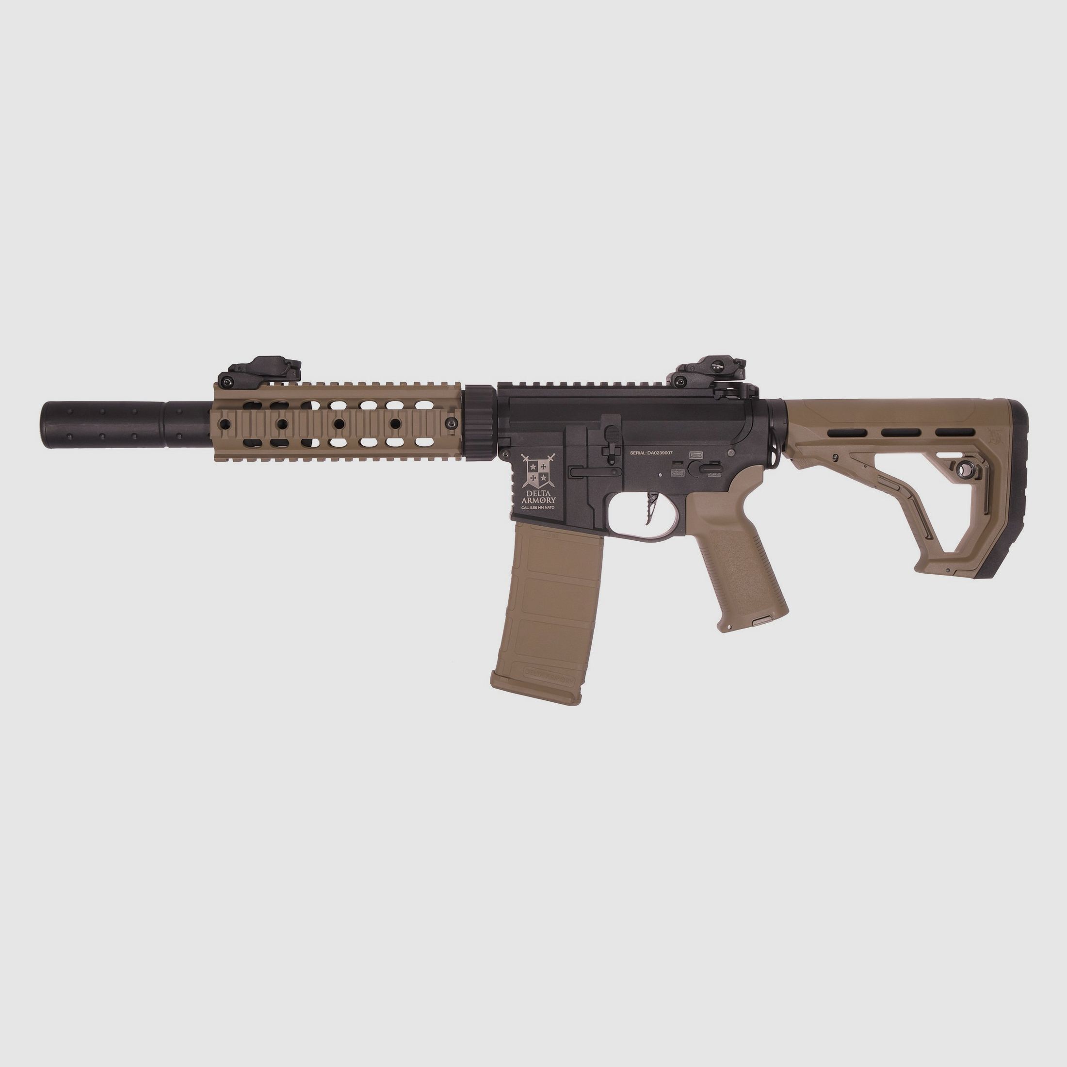 AR15 SilentOps 7 Zoll CHARLIE EAGLE ETU Tan/Schwarz S-AEG Softair Gewehr Frei ab 18 Jahren | Delta Armory