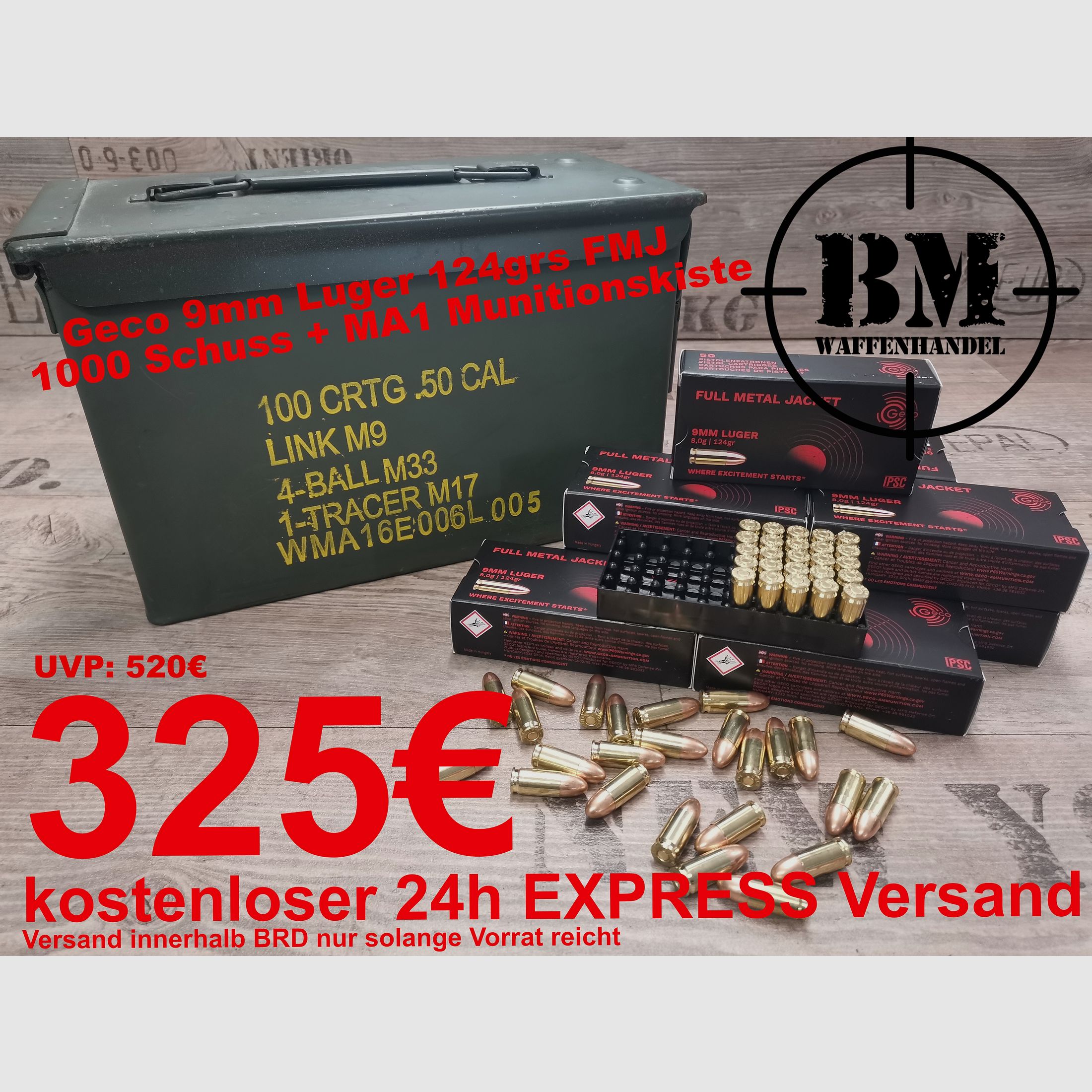 9mm Geco Munition FMJ 124 grs 1000 Stück
