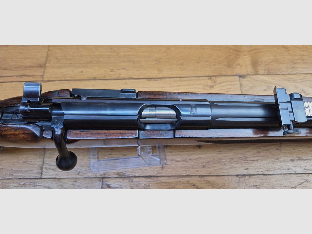 Sehr schöne Wettbewerbsbüchse Mauser ES350 B – III. Reich – Modell Meisterschaftsbüchse – 22LR – Herbstwaffe 1936 – Mono-Nummer – Premium Lauf – Original Mauser Diopter (abnehmbar) – Ausgezeichneter Zustand – TBE++, Bild 23 von 39