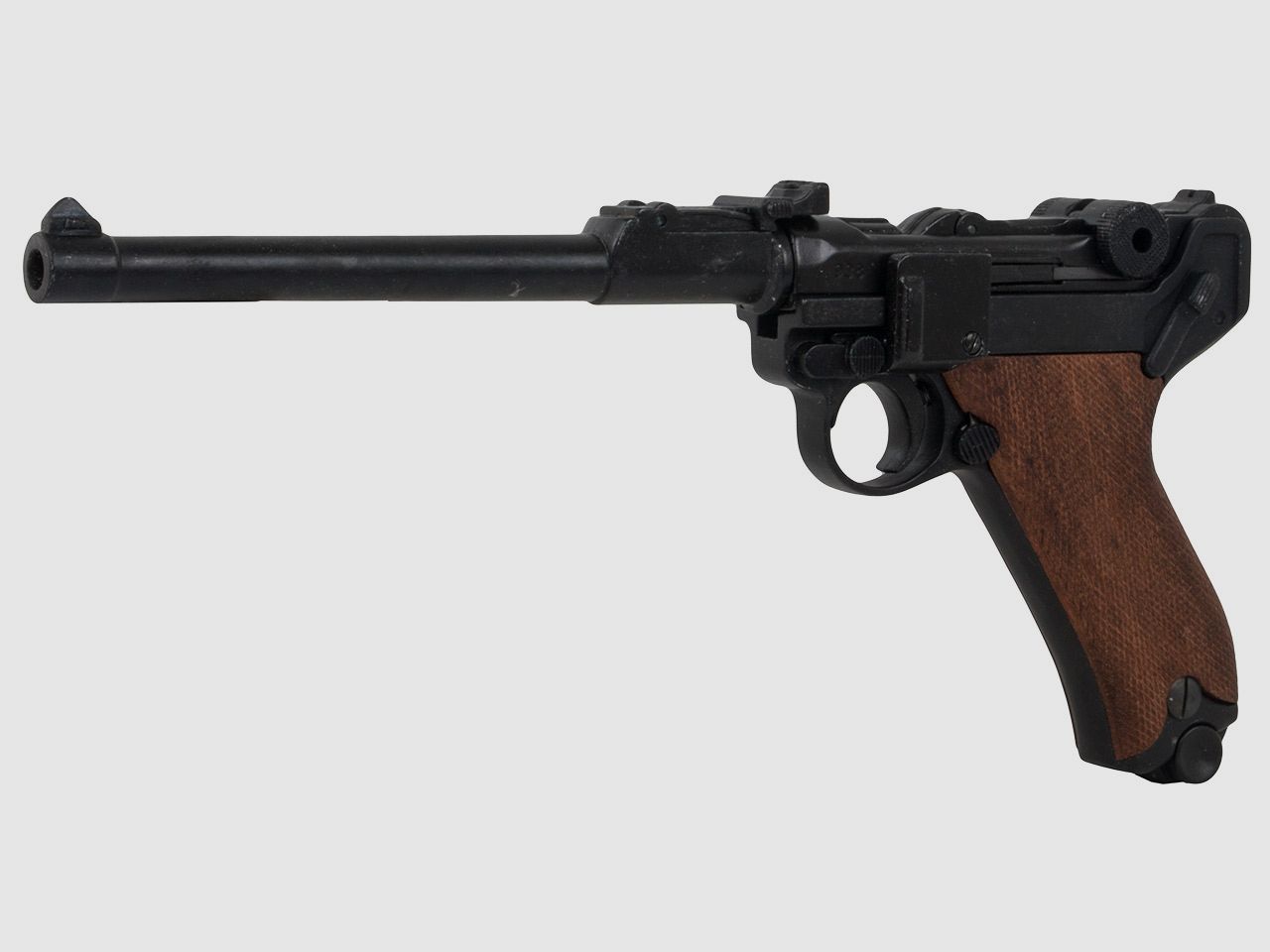 Denix Deko Pistole Luger P08 Artillerie Deutschland 1898 LĂ¤nge 34,5 cm mit langem Lauf schwarz braune Griffe