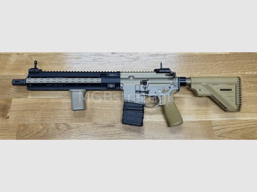 Heckler & Koch MR223 A3 Slim-Line 12.9" barrel - semi-automatic rifle .223Rem color sand / Ral8000 - system HK416 / Geissele MK15 HK416 handguard / muzzle thread now 1/2-28 UNEF / only 3.28 kg / barrel turned down & shortened / "Project Hunter"