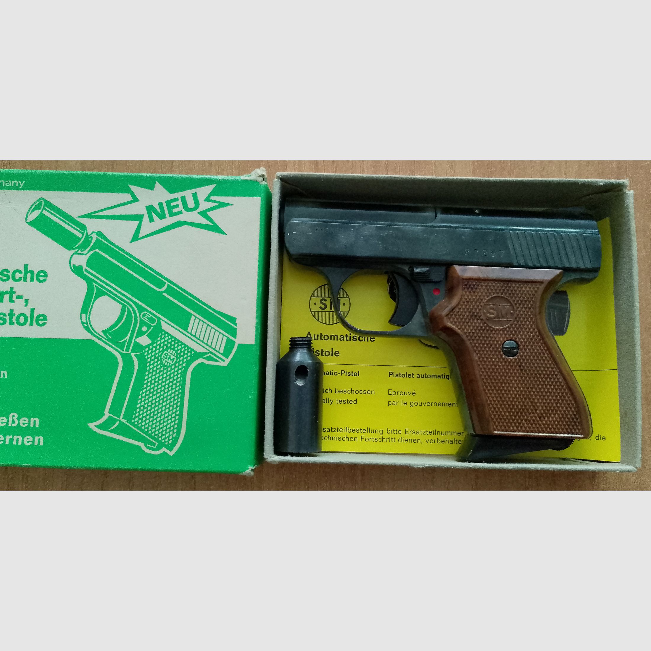 Alte Rhöner SM 15 Kal. 8 mm Knall im ersten PTB 83 mit Verpackung!