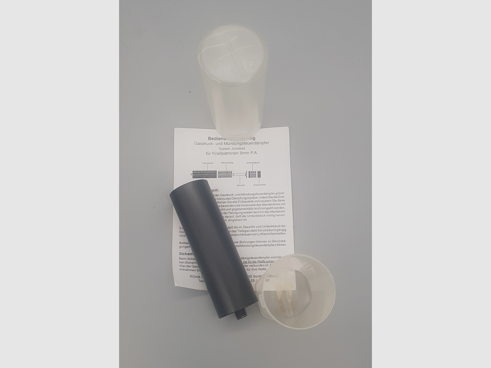 Sammlerstück Joniskeit Röhm Sicherheitskompensator Schalldämpfer Schreckschuss SRS Pyrobecher PAK 9mm Knall RK