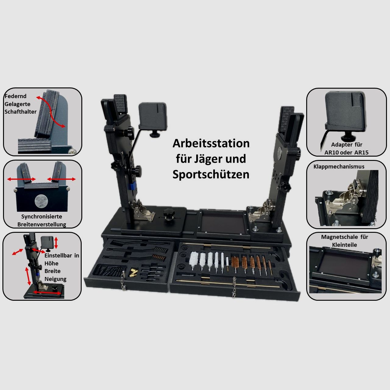 Multifunktionale Waffen-Arbeitsstation – Reinigungsstation / Einschießhilfe / Waffenhalter / Präsentationsständer