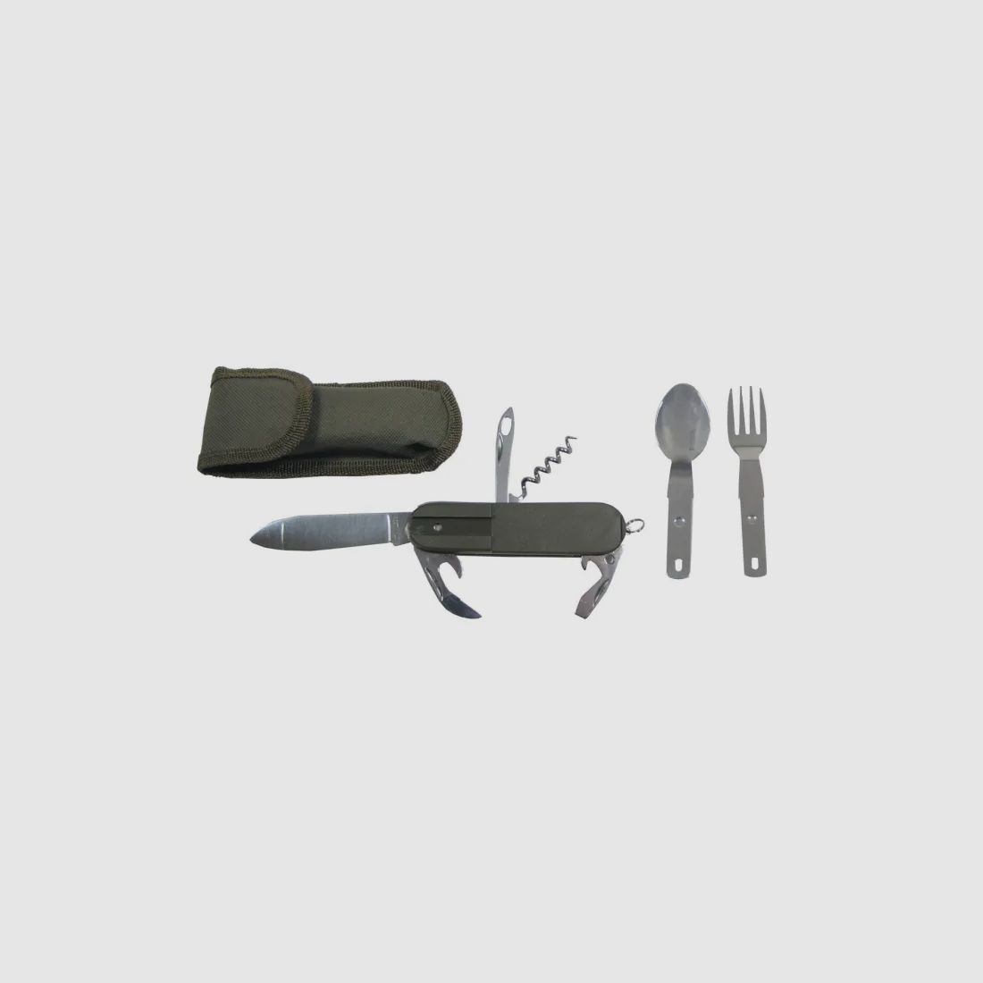 Couteau de poche avec fourchette, cuillère + autres accessoires - Olive