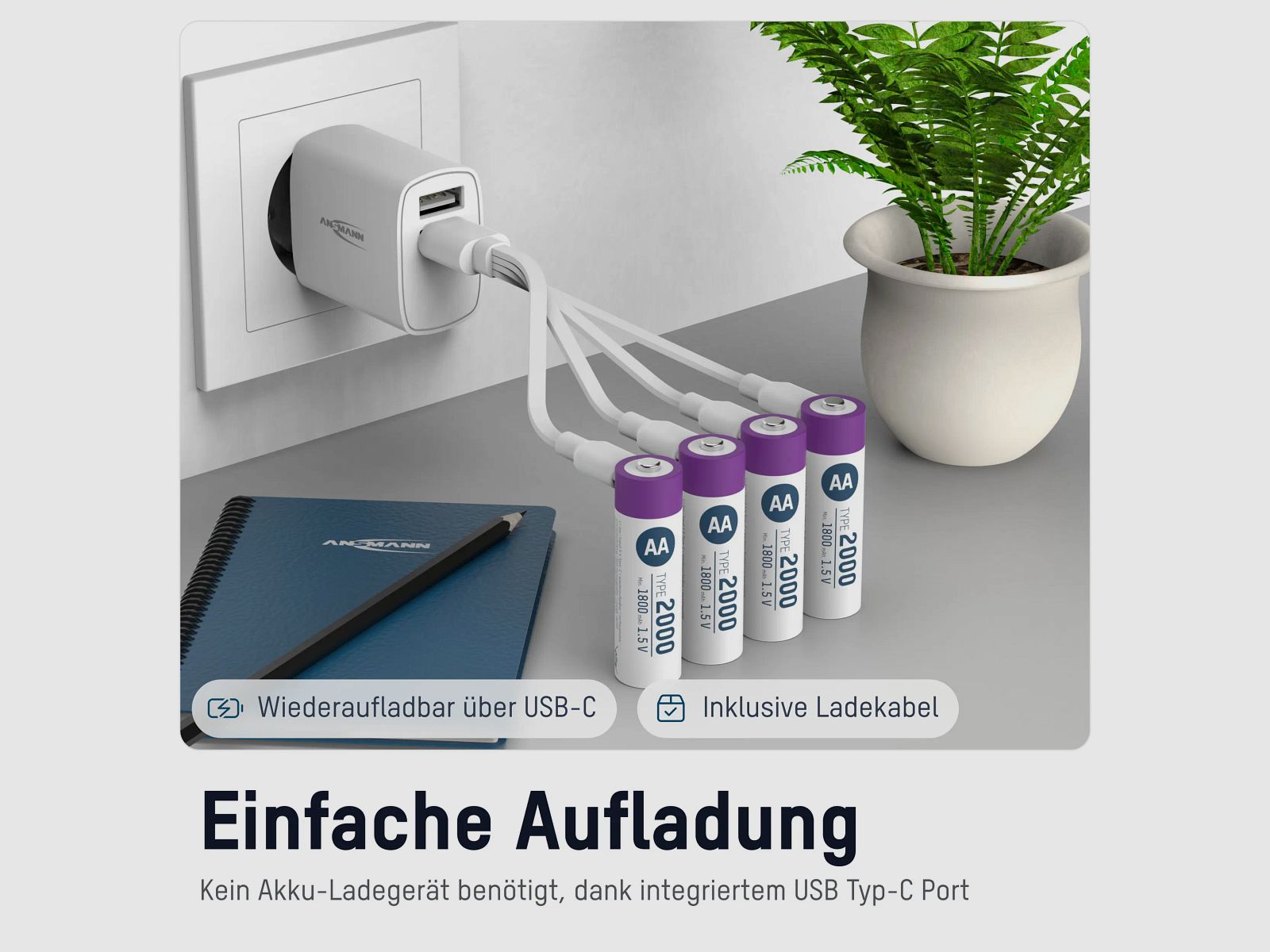 Pacco da 4 batterie AA Li-Ion Ansmann con cavo di ricarica
