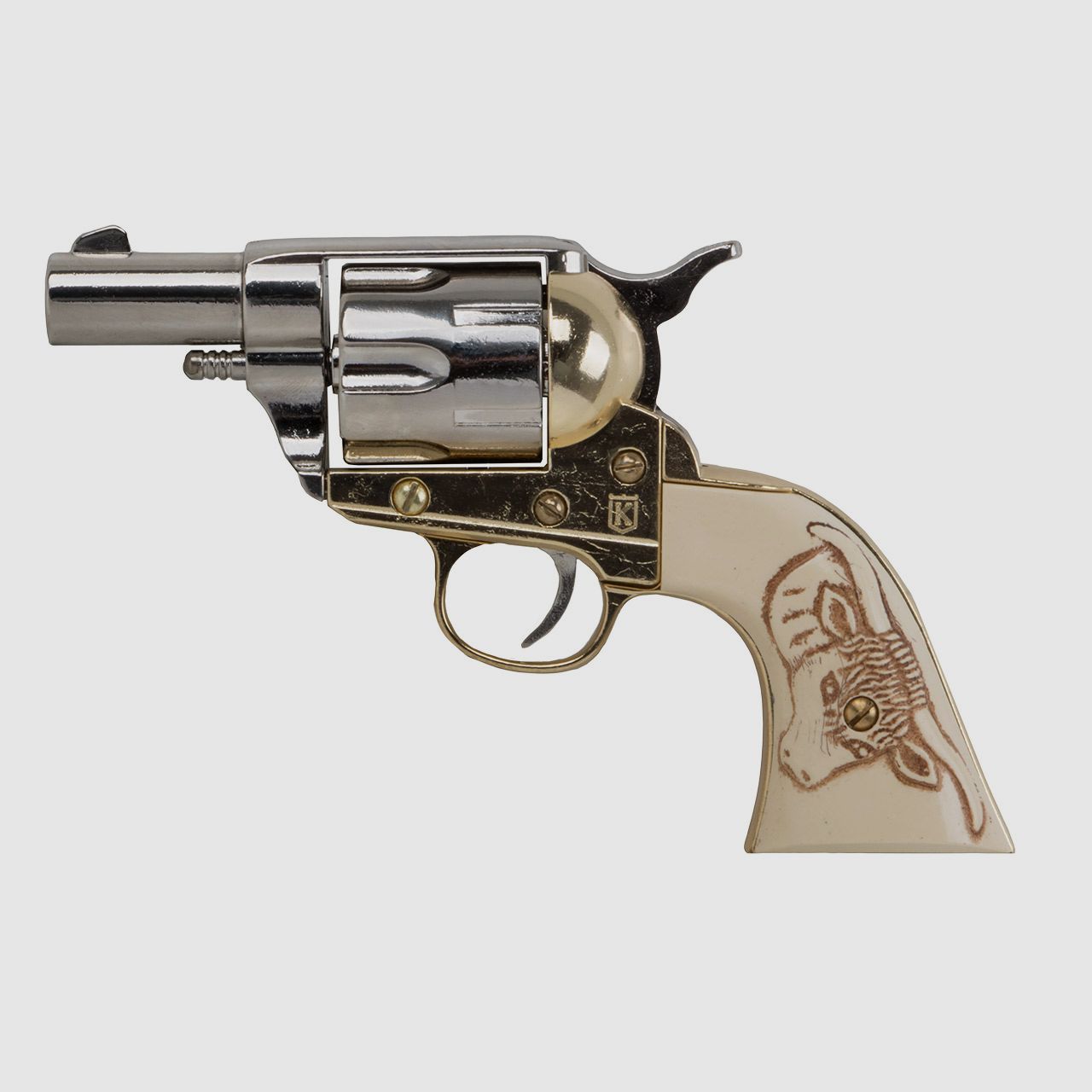 Deko Revolver Kolser Colt SAA Single Action Army Snub Nose 2,5 Zoll weiĂźe Griffschalen mit Stiermotiv nickel gold