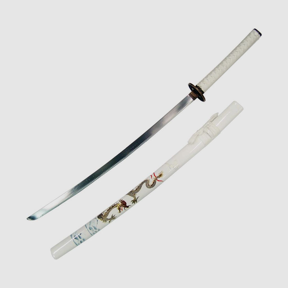 Katana Wood biały z złotym wzorem smoka