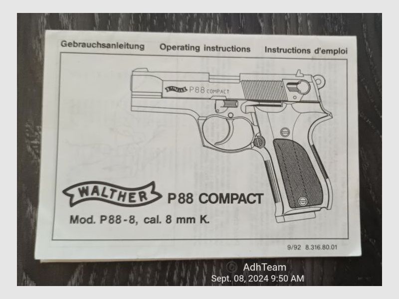 Walther P 88 Mod. P 88 cal. 8 mm K Bedienungsanleitung Handbuch