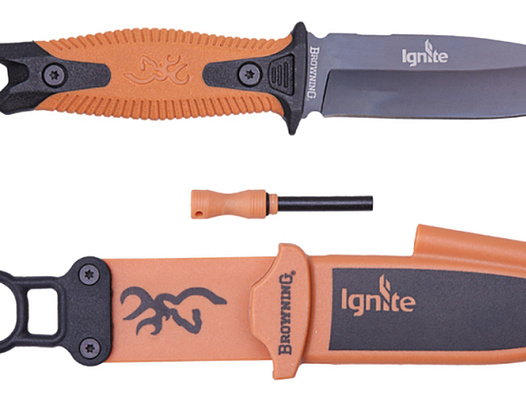 1 x Browning Messer IGNITE Schwarz / Orange 10cm Klinge inkl. Scheide und Feuerstein / Feuerstarter