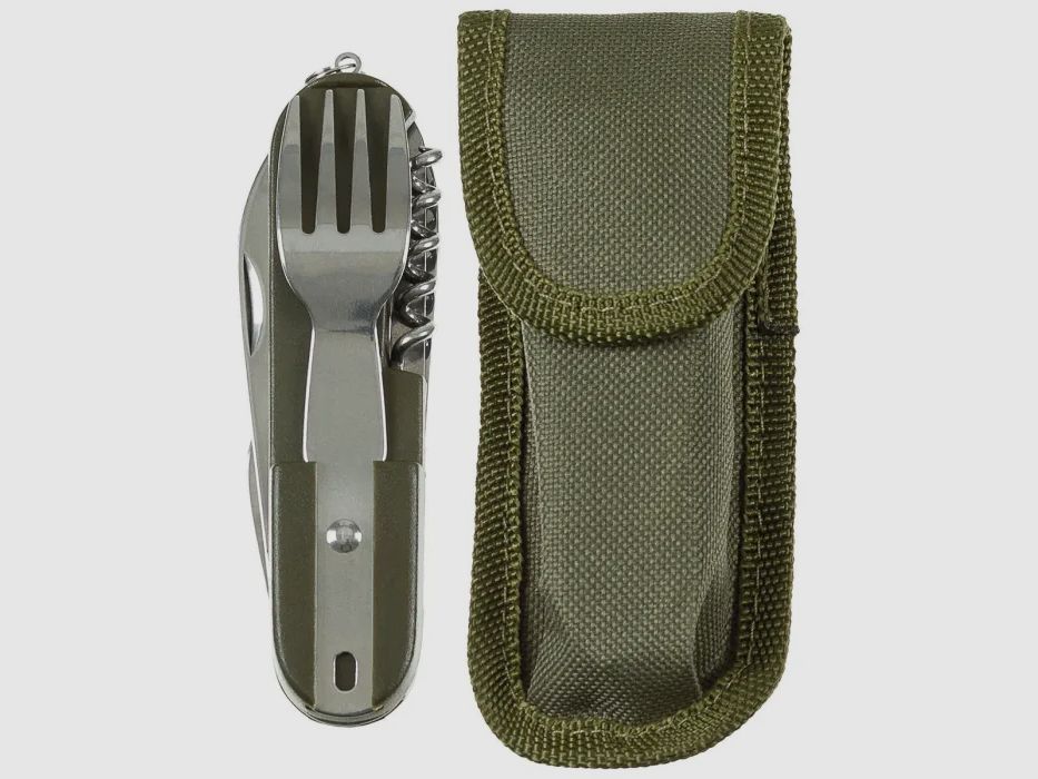 Taschenmesser mit Gabel, Löffel + weiteres Zubehör - Oliv