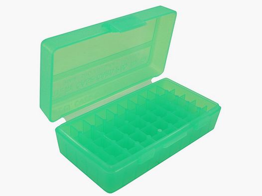 Boîte à cartouches MTM P50-9M-16 verte transparente avec couvercle rabattable pour 50 cartouches 9mm et autres.