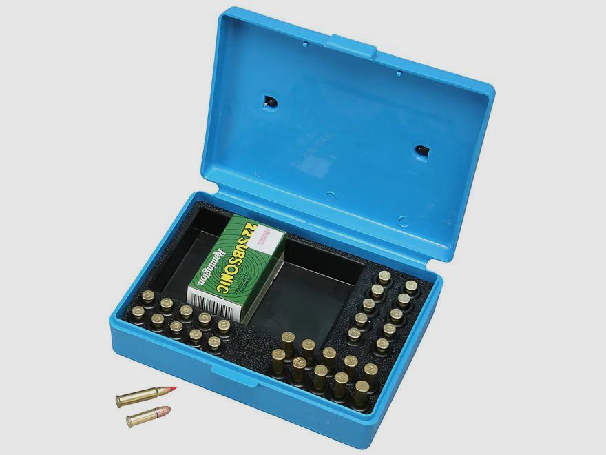 MTM Scatola per competizioni calibro .22 SB-22-20 blu con coperchio pieghevole e maniglia per 30 cartucce .22 LR, .22 Win. Mag.