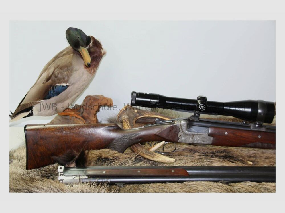 Merkel double-barreled shotgun with interchangeable double-barrel and variable sight 12/70; 7x57R