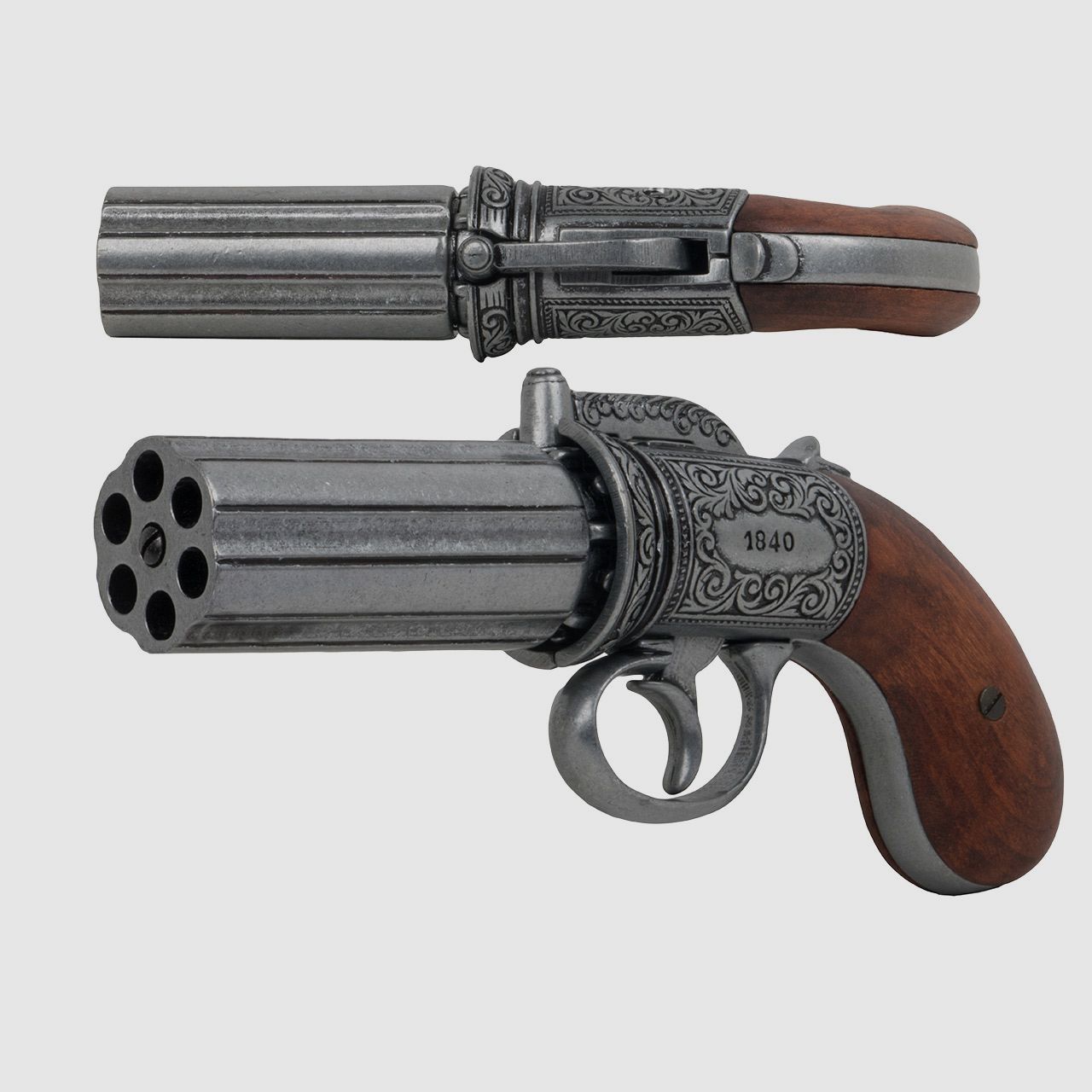 B-Ware Deko Vorderlader BĂĽndelrevolver Pepperbox England 1840 6-lĂ¤ufig LĂ¤nge ca. 22,5 cm silbergrau verziert