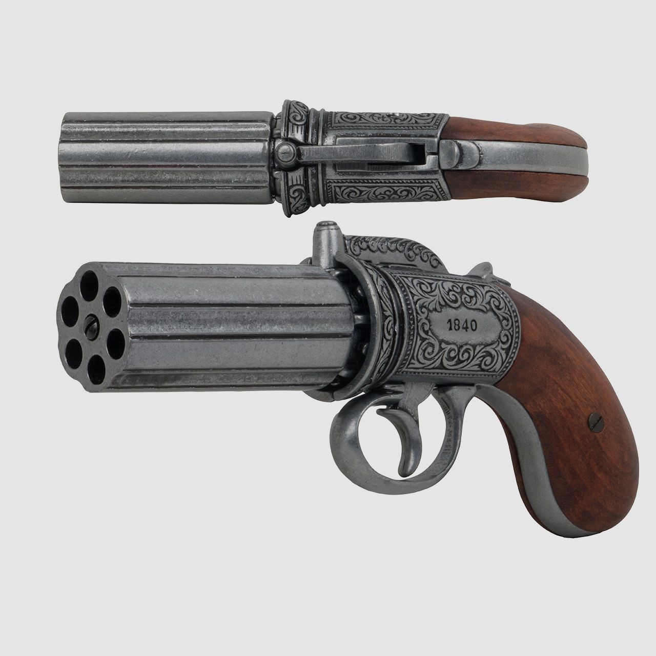 Deko Vorderlader BĂĽndelrevolver Pepperbox England 1840 6-lĂ¤ufig LĂ¤nge ca. 22,5 cm silbergrau verziert