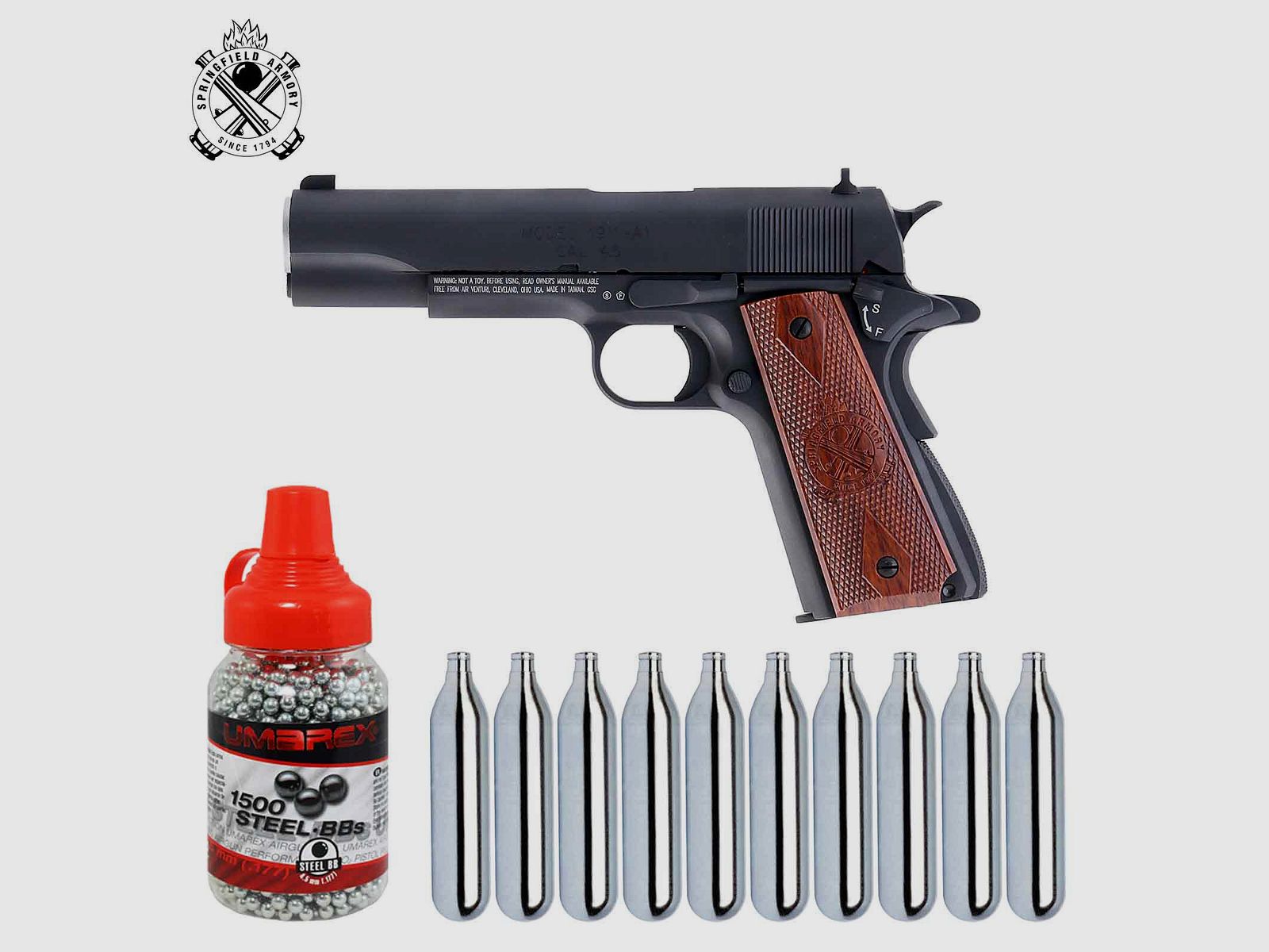 SET Springfield 1911 Vollmetall 4,5 mm BB Blowback Co2-Pistole (P18)