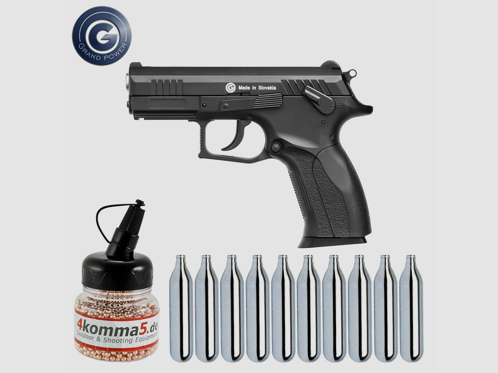 Luftpistolenset Grandpower P1MK7 Co2-Pistole Blow Back Kaliber 4,5 mm Stahl BB (P18) + 10 Co2-Kapseln + 1500 Stahl-BB's 4komma5