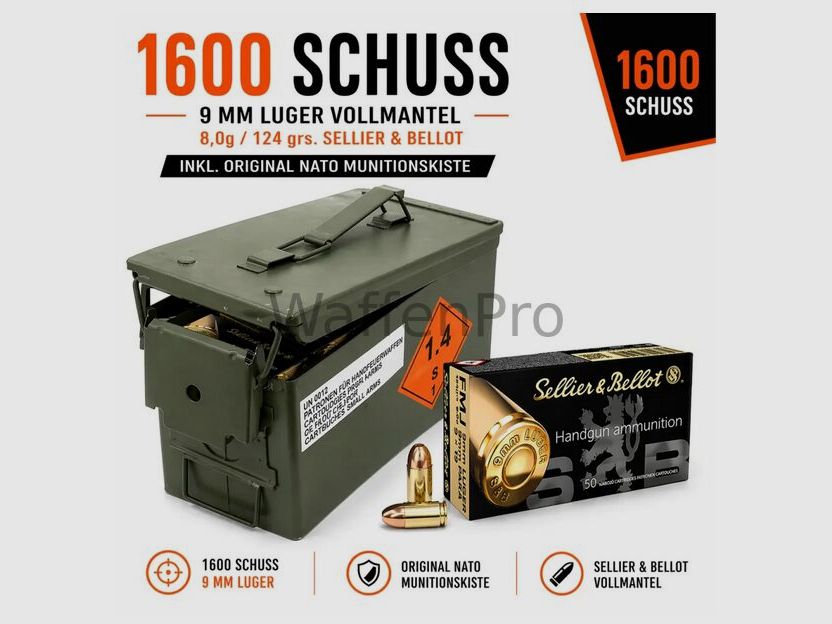Sellier & Bellot 1600 schoten 9 mm Luger volmantel 8,0g/124 grs. Sellier & Bellot in de NATO-doos