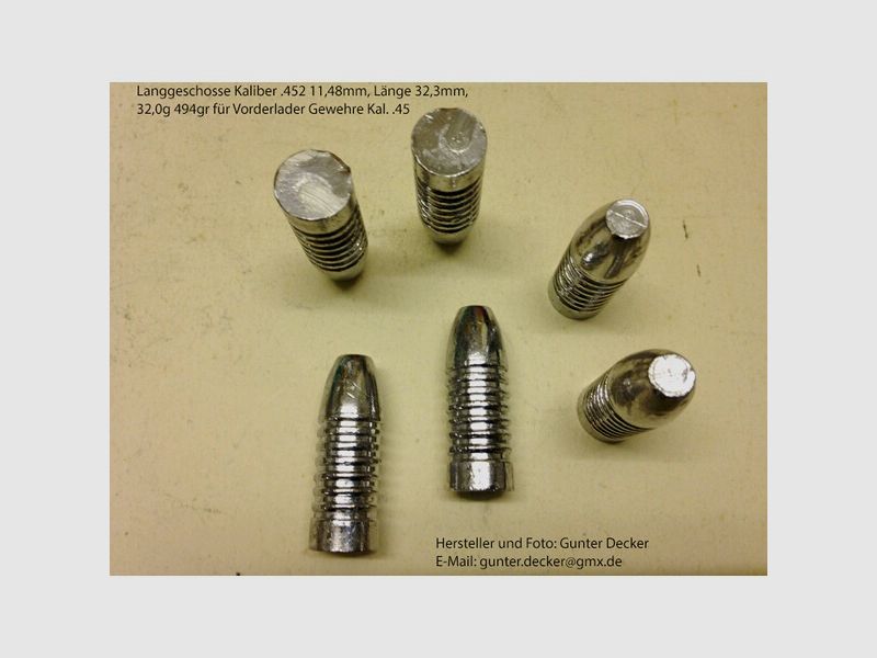 Langgeschosse Kaliber .452 11,48mm Länge 32,3mm 32,0g 494gr 7 Fettrillen für Vorderlader Gewehre .45