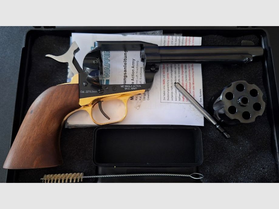 ME Single Action Army LEP Revolver 5,5 mm mit entnehmbarer Trommel, vergoldeter Abzugsbügel und vergoldeter Griffrücken